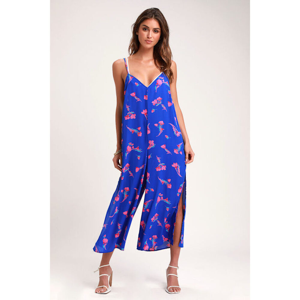 Lulus Tropical Time Cobalt Blue Floral Print Swim Cover-up Jumpsuit - Size L